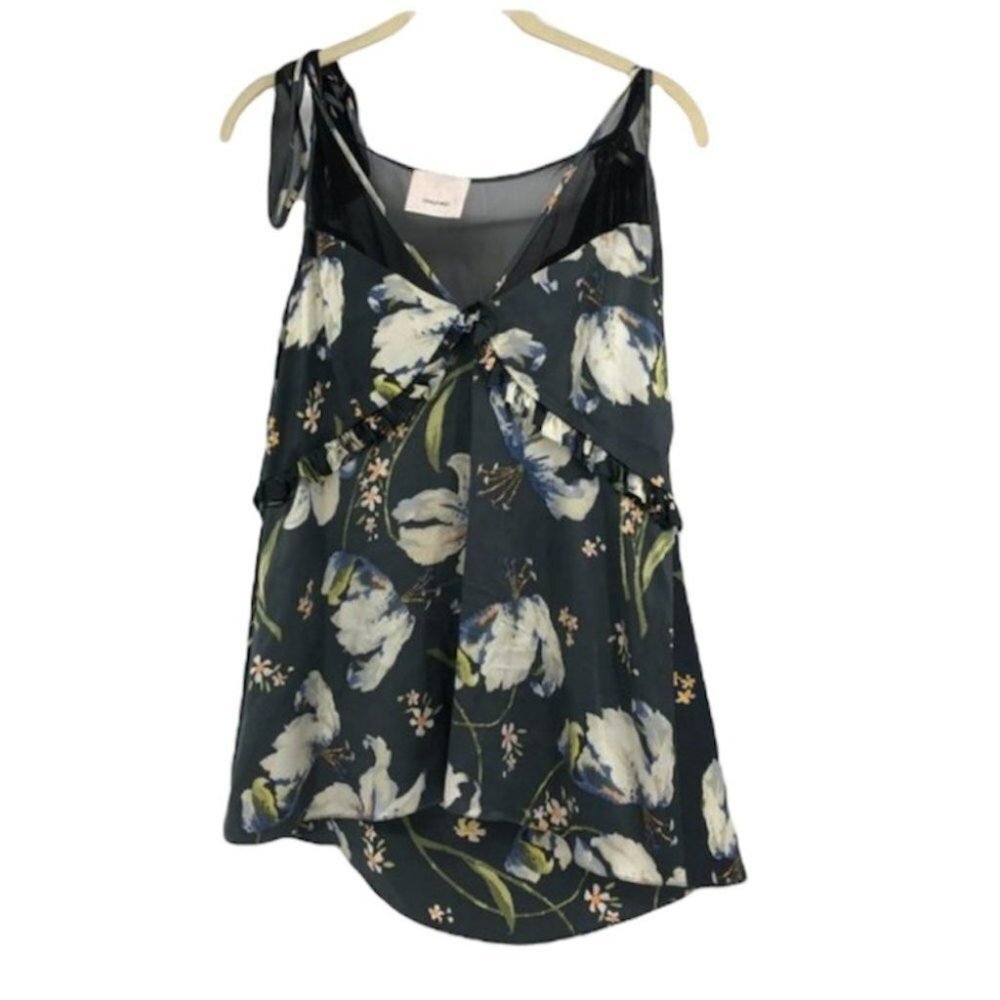 Cinq a sept (5 a 7) floral lily print black satin mesh  panel tie shoulders